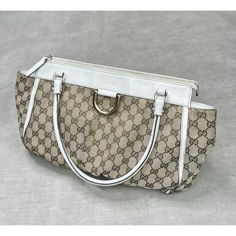 Gucci Vintage Authentic GG Canvas Off White Leather D-Ring Tote Hobo Bag